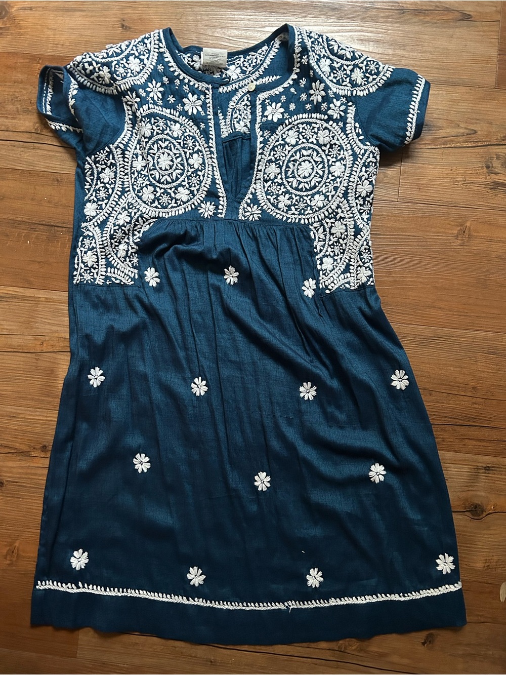 Embroidered Teal Tunic Dolma Dress with White Floral Detail